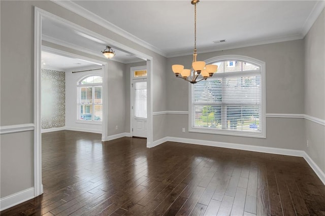 4204 Hardy Ave, Smyrna, GA 30082 - unfurnished dining area featuring a chandelier, dark wood-type flooring, healthy amount of natural light, baseboards, and ornamental molding
