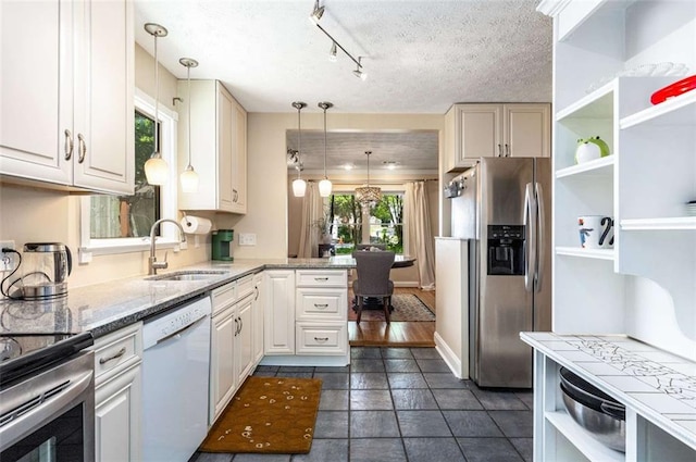1071 Standard Dr NE, Brookhaven, GA 30319 - kitchen featuring white dishwasher, stainless steel refrigerator with ice dispenser, a sink, open shelves, and decorative light fixtures