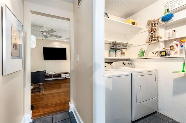 1071 Standard Dr NE, Brookhaven, GA 30319 - washroom with a textured ceiling, washing machine and clothes dryer, a ceiling fan, and baseboards