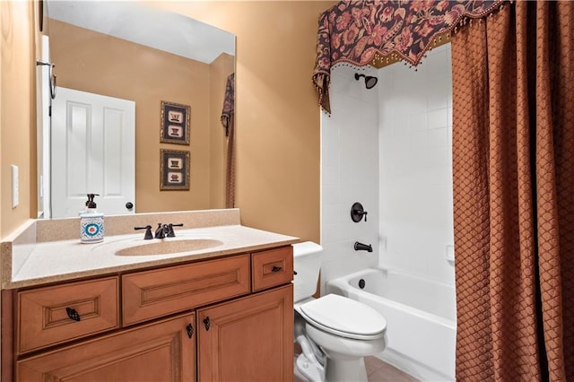 bathroom with toilet, shower / bath combination with curtain, and vanity