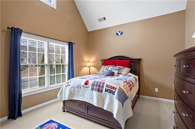 bedroom featuring baseboards, visible vents, vaulted ceiling, and light colored carpet