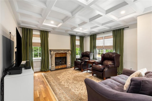 711 Greenview Ave NE, Atlanta, GA 30305 - living area with plenty of natural light, light wood finished floors, coffered ceiling, a high end fireplace, and beam ceiling