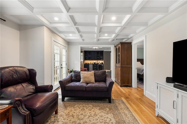 711 Greenview Ave NE, Atlanta, GA 30305 - living area featuring light wood-style floors, a bar, recessed lighting, beamed ceiling, and coffered ceiling