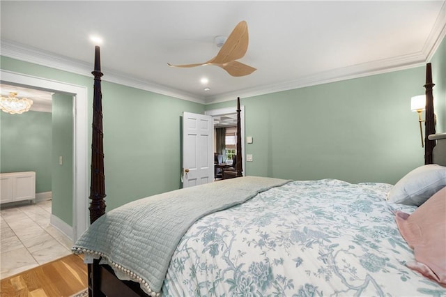 711 Greenview Ave NE, Atlanta, GA 30305 - bedroom featuring crown molding, a ceiling fan, light marble finish flooring, a chandelier, and baseboards