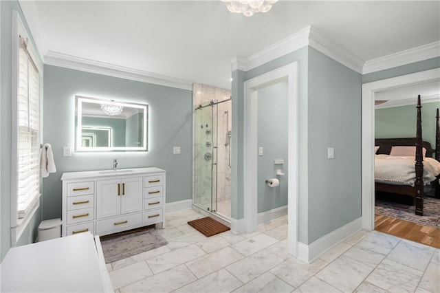 711 Greenview Ave NE, Atlanta, GA 30305 - full bath with marble finish floors, a stall shower, a chandelier, vanity, and ornamental molding