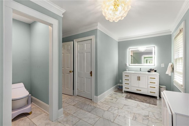 711 Greenview Ave NE, Atlanta, GA 30305 - bathroom with toilet, vanity, marble look tile flooring, plenty of natural light, and crown molding