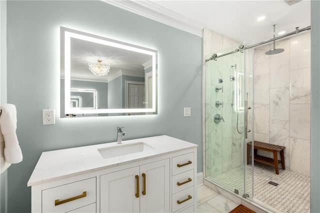 711 Greenview Ave NE, Atlanta, GA 30305 - full bathroom featuring crown molding, a stall shower, vanity, and recessed lighting