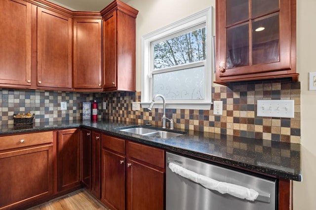 kitchen with stainless steel dishwasher, backsplash, dark stone countertops, and sink