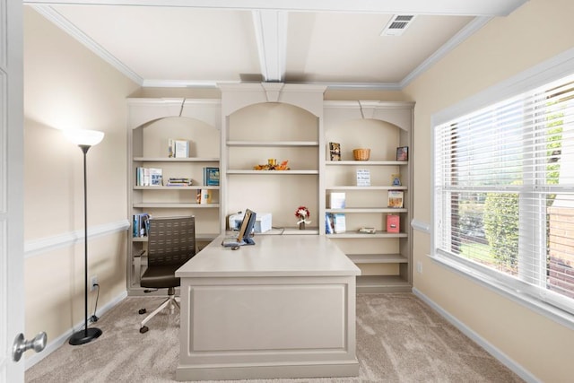 carpeted office featuring crown molding