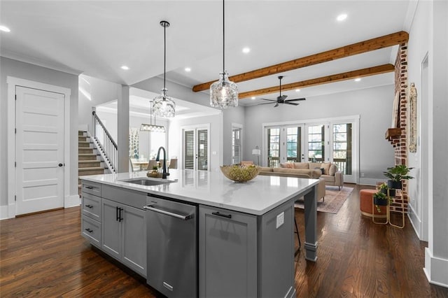 2208 Sage Mountain Ct SW, Marietta, GA 30064 - kitchen featuring stainless steel dishwasher, gray cabinetry, recessed lighting, ceiling fan, and dark wood-style floors