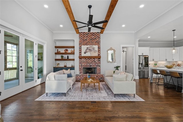 2208 Sage Mountain Ct SW, Marietta, GA 30064 - living room with ceiling fan, dark wood-style flooring, a fireplace, recessed lighting, and beam ceiling