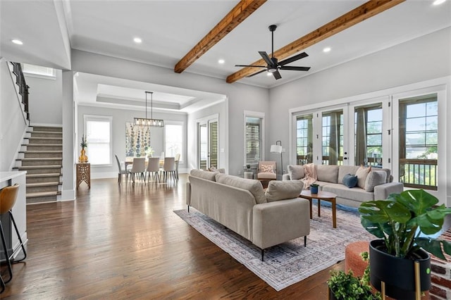 2208 Sage Mountain Ct SW, Marietta, GA 30064 - living area with dark wood-type flooring, stairs, a ceiling fan, recessed lighting, and beamed ceiling