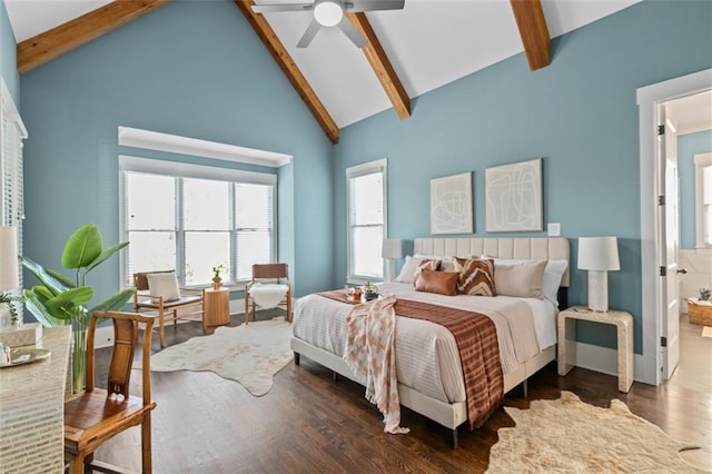 2208 Sage Mountain Ct SW, Marietta, GA 30064 - bedroom with beamed ceiling, multiple windows, wood finished floors, high vaulted ceiling, and connected bathroom