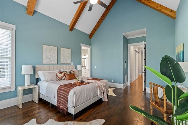 2208 Sage Mountain Ct SW, Marietta, GA 30064 - bedroom featuring beam ceiling, high vaulted ceiling, wood finished floors, and a ceiling fan