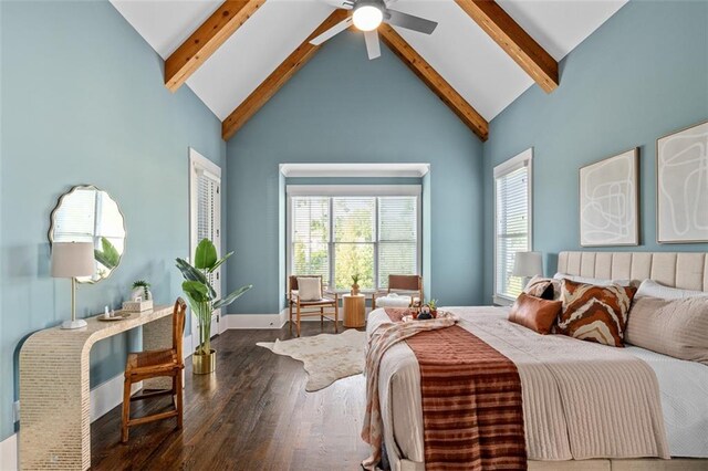 2208 Sage Mountain Ct SW, Marietta, GA 30064 - bedroom featuring beam ceiling, wood finished floors, high vaulted ceiling, and ceiling fan
