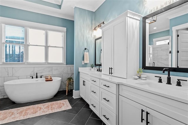 2208 Sage Mountain Ct SW, Marietta, GA 30064 - full bathroom featuring ornamental molding, double vanity, a freestanding bath, tiled shower, and tile patterned floors