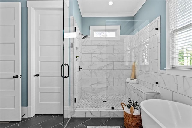 2208 Sage Mountain Ct SW, Marietta, GA 30064 - full bath with a freestanding bath, a shower stall, healthy amount of natural light, crown molding, and tile patterned floors