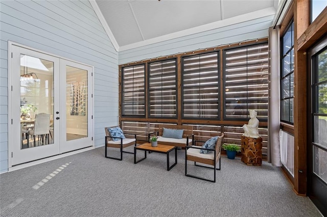 2208 Sage Mountain Ct SW, Marietta, GA 30064 - sunroom featuring lofted ceiling, french doors, carpet, and wooden walls
