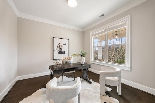 office with crown molding and dark hardwood / wood-style flooring