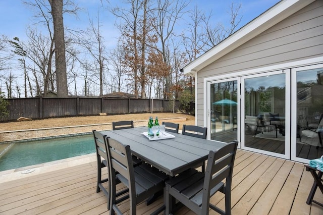 wooden deck with a fenced in pool