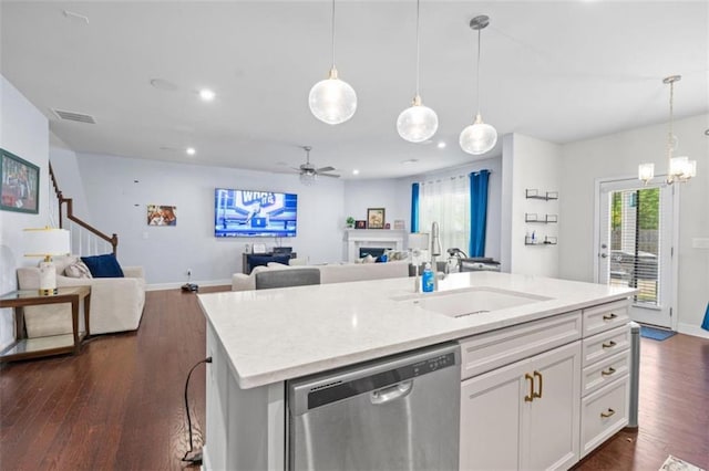 55 Clubhouse Way, Acworth, GA 30101 - kitchen with stainless steel dishwasher, a sink, open floor plan, white cabinetry, and recessed lighting