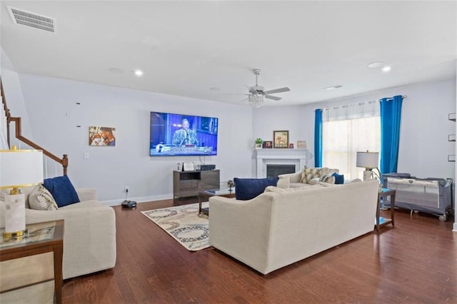 55 Clubhouse Way, Acworth, GA 30101 - living room featuring wood finished floors, ceiling fan, baseboards, recessed lighting, and a fireplace