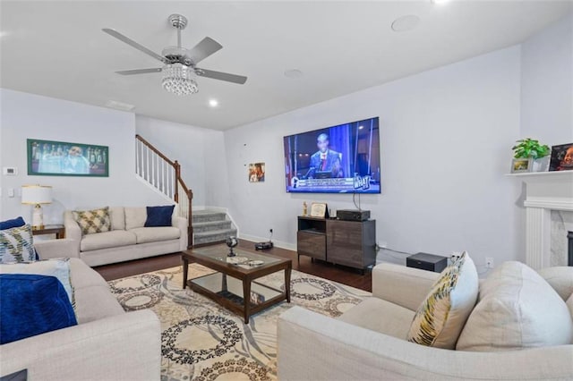 55 Clubhouse Way, Acworth, GA 30101 - living area with stairs, wood finished floors, recessed lighting, a ceiling fan, and baseboards