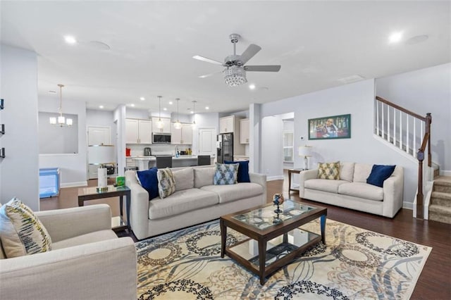 55 Clubhouse Way, Acworth, GA 30101 - living room featuring a ceiling fan, wood finished floors, baseboards, stairs, and recessed lighting