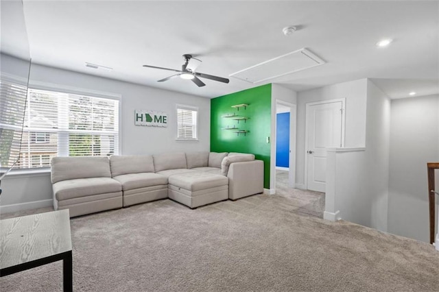 55 Clubhouse Way, Acworth, GA 30101 - carpeted living room featuring attic access, ceiling fan, baseboards, and recessed lighting
