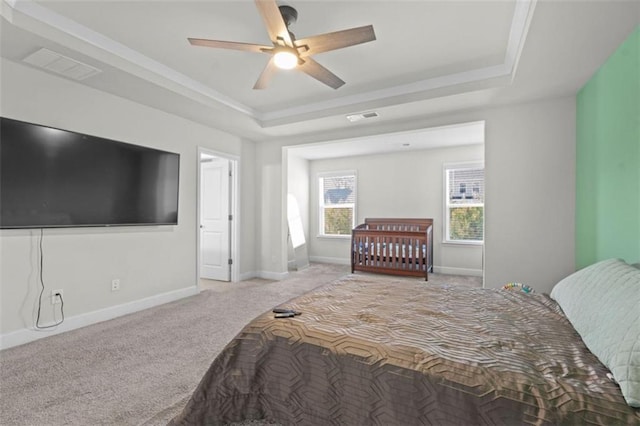 55 Clubhouse Way, Acworth, GA 30101 - carpeted bedroom with a raised ceiling, baseboards, and ceiling fan
