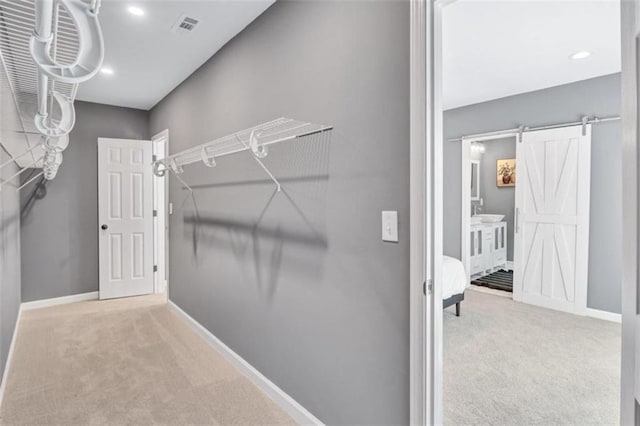 walk in closet with carpet flooring, visible vents, and a barn door
