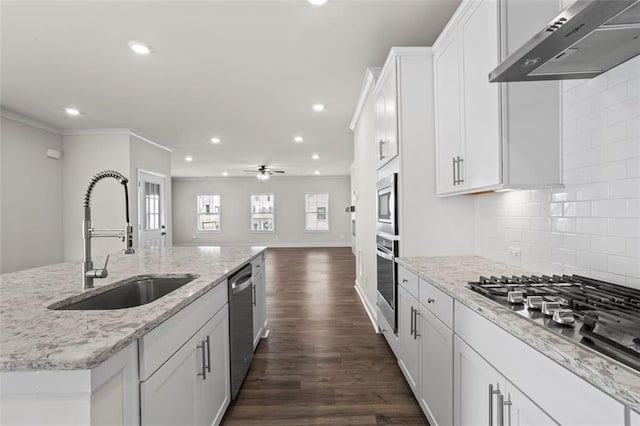 3382 Monarch Ave, Duluth, GA 30096 - kitchen with extractor fan, appliances with stainless steel finishes, recessed lighting, white cabinetry, and crown molding