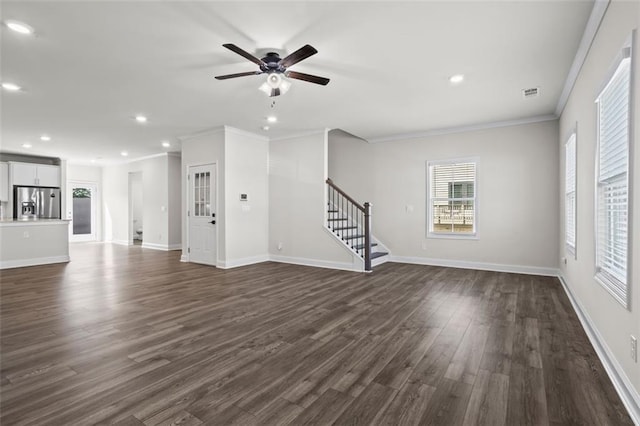 3382 Monarch Ave, Duluth, GA 30096 - unfurnished living room featuring stairway, crown molding, dark wood-style flooring, a ceiling fan, and recessed lighting