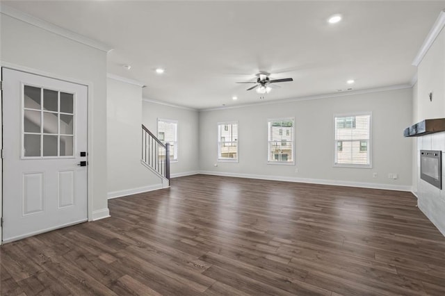 3382 Monarch Ave, Duluth, GA 30096 - unfurnished living room with ornamental molding, ceiling fan, dark wood-style flooring, stairs, and recessed lighting