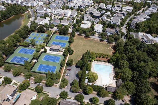 drone / aerial view with a water view