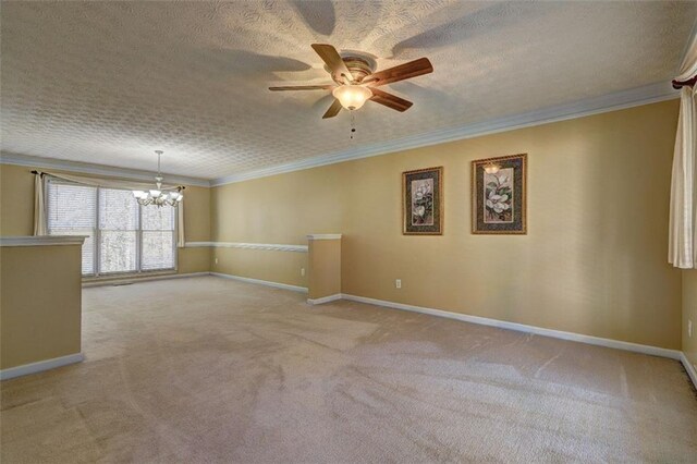 unfurnished room featuring a textured ceiling, baseboards, crown molding, and carpet flooring