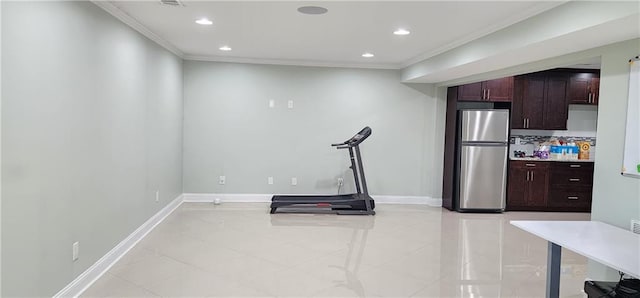 570 Eldridge Dr, Suwanee, GA 30024 - workout area with crown molding, baseboards, recessed lighting, and light tile patterned flooring