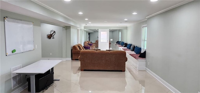 570 Eldridge Dr, Suwanee, GA 30024 - living room featuring crown molding, recessed lighting, baseboards, and visible vents