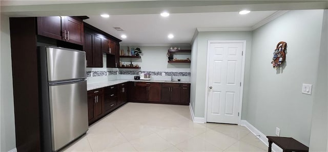 570 Eldridge Dr, Suwanee, GA 30024 - kitchen with crown molding, freestanding refrigerator, open shelves, decorative backsplash, and light countertops