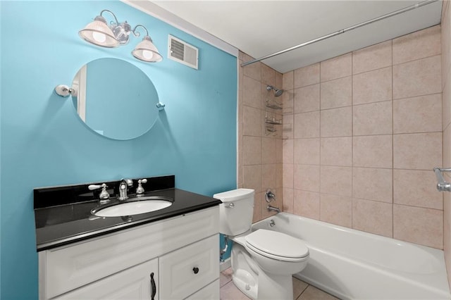 bathroom with vanity, visible vents, shower / bath combination, tile patterned floors, and toilet