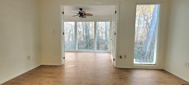 unfurnished room with ceiling fan and light hardwood / wood-style floors