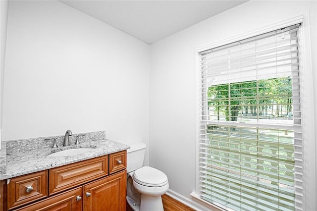 bathroom featuring vanity, hardwood / wood-style floors, and toilet