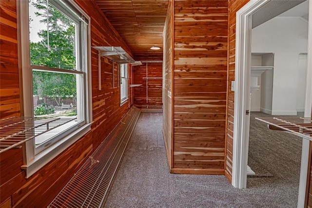 hallway with wooden walls, wood ceiling, and carpet