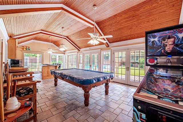 recreation room featuring wood ceiling, vaulted ceiling, ceiling fan, french doors, and pool table