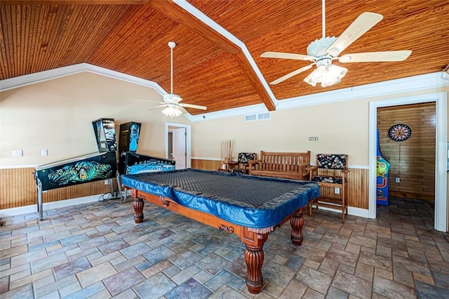 recreation room featuring crown molding, vaulted ceiling, ceiling fan, and billiards