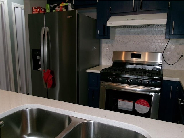 kitchen with stainless steel appliances, dark cabinetry, backsplash, and under cabinet range hood