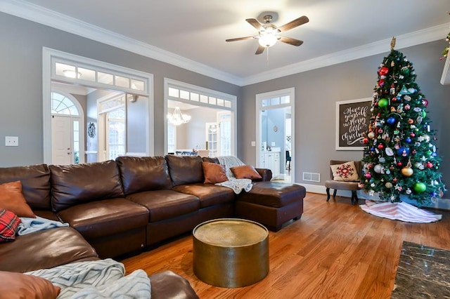 living room with hardwood / wood-style floors, ceiling fan with notable chandelier, and ornamental molding