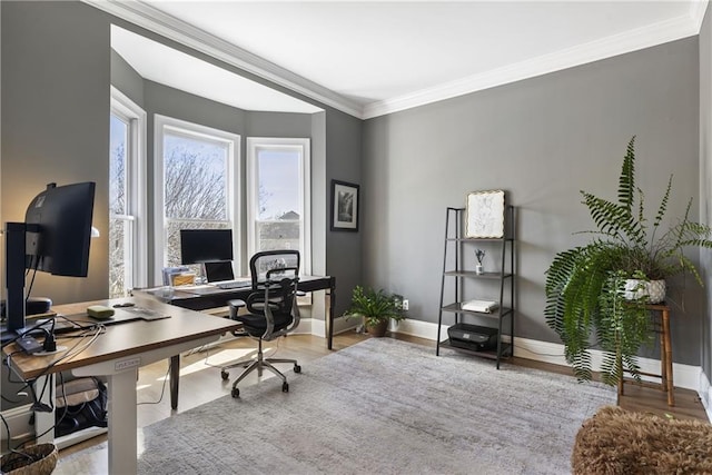 home office featuring baseboards, wood finished floors, and ornamental molding