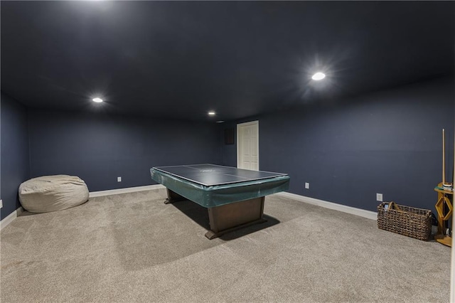 rec room with recessed lighting, baseboards, and carpet