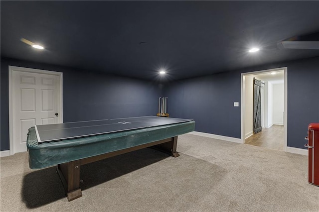 rec room featuring recessed lighting, carpet, and baseboards